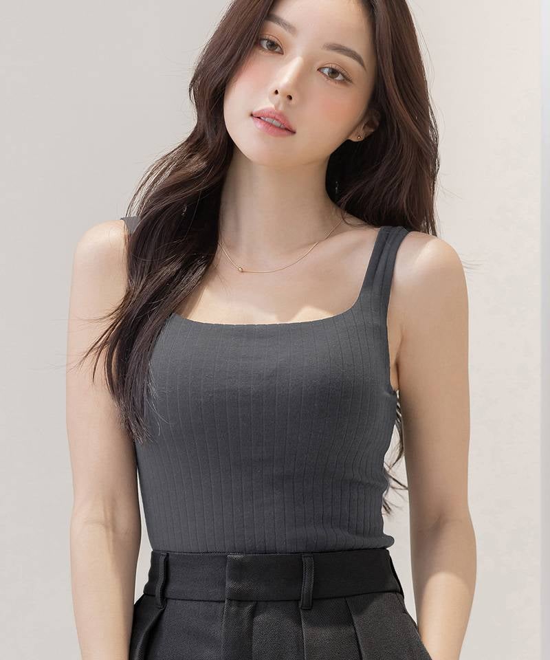 【SALE限定20％OFF】カップ付きリブタンクトップ スクエアネック型《BRAmone Basic Natural》