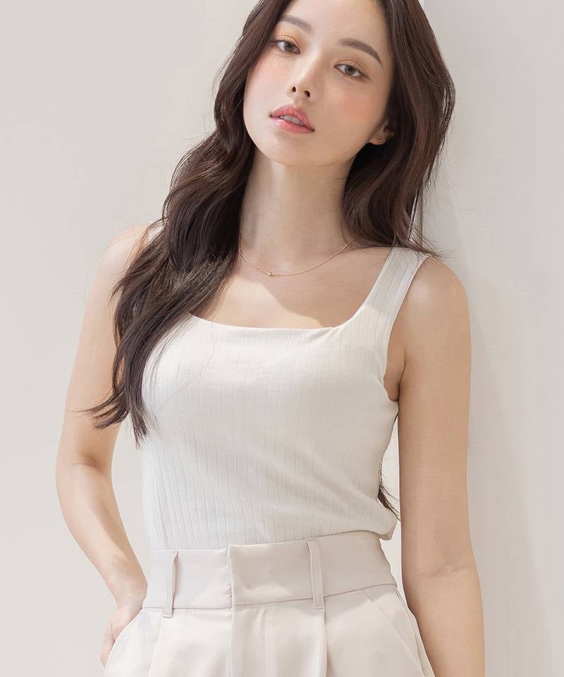 【SALE限定20％OFF】カップ付きリブタンクトップ スクエアネック型《BRAmone Basic Natural》