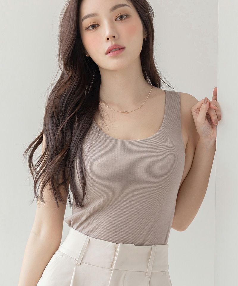 カップ付きリブタンクトップ Uネック型《BRAmone Basic Natural》