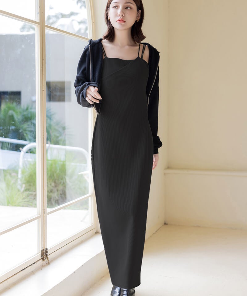 カップ付きリブワンピースプレーン/アシメタイプ【ミドル/ロング丈】《BRAmone Fashion Easy》
