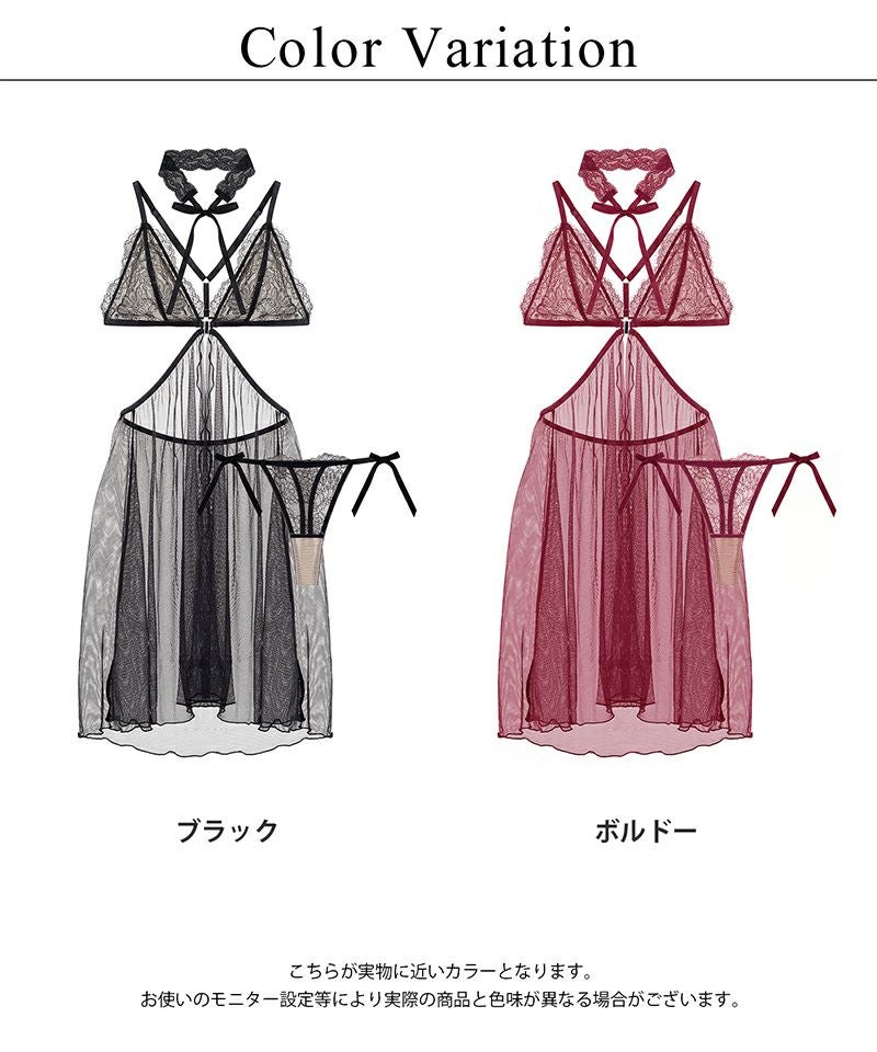 《adu》シャルムチュールベビードール＆サイドリボンTバックショーツ＆レースチョーカー