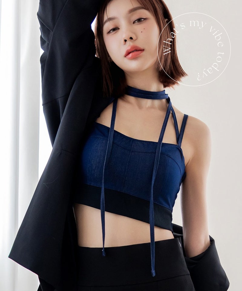 チョーカー付きデニムハーフトップ《BRAmone Fashion Glamorous》