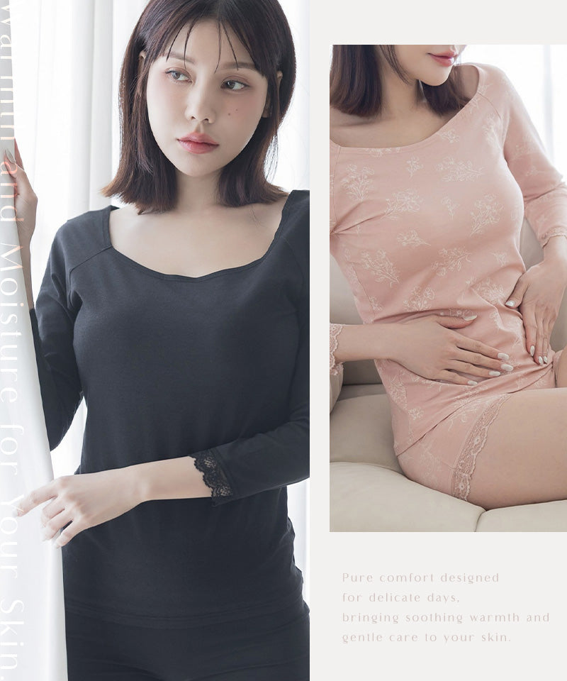 《Urun》潤い仕立てのモイストインナー長袖トップス&パンツセット【腹巻ショーツ/レギンス】
