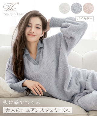 《P.snow》もこもこ襟付きVネックバイカラートップス＆ロングパンツ