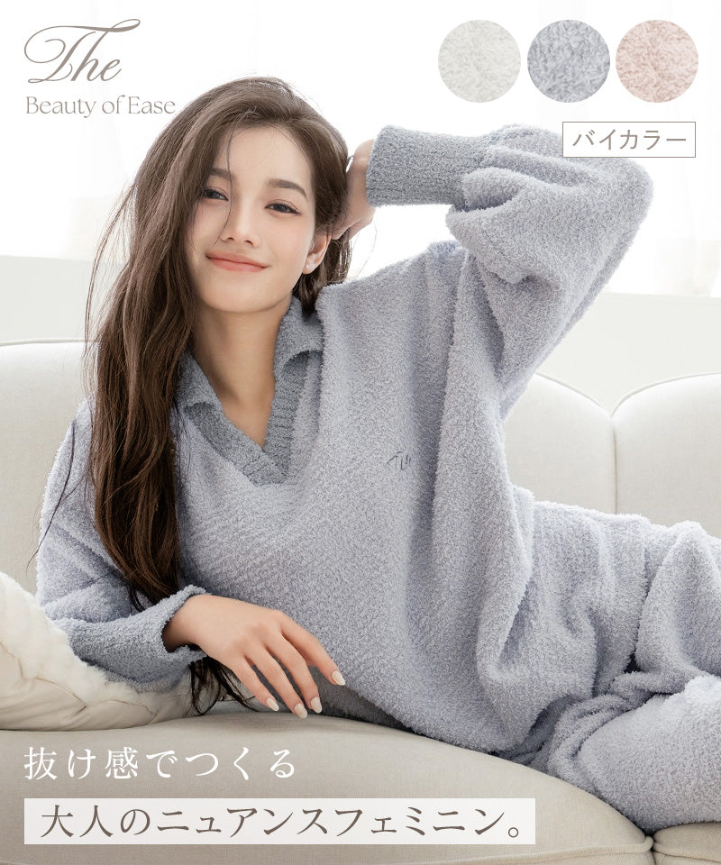 《P.snow》もこもこ襟付きVネックバイカラートップス＆ロングパンツ